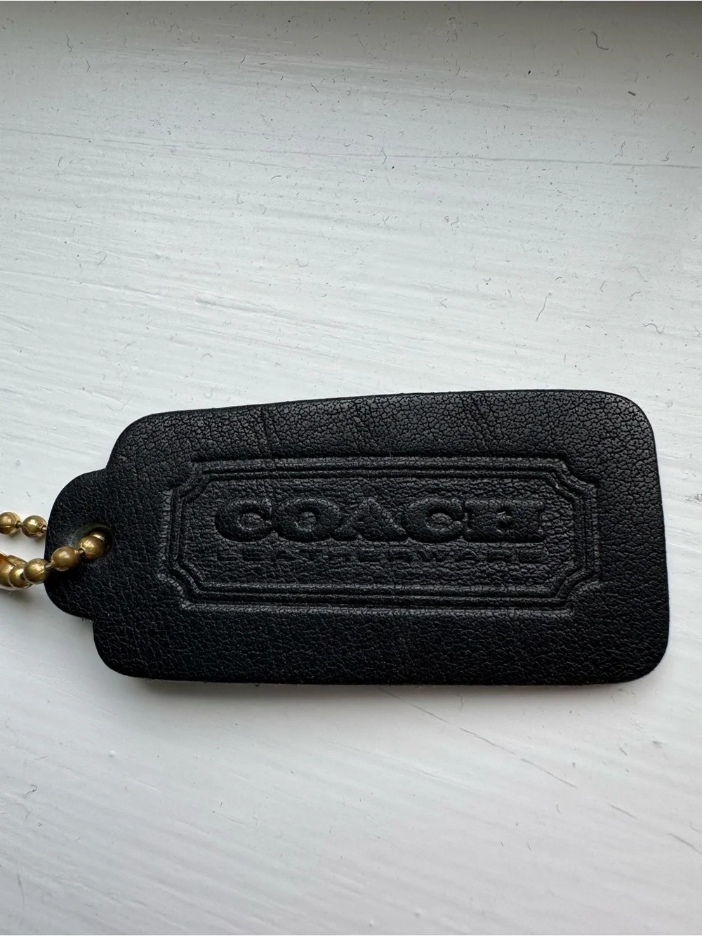 Vintage Coach Black Leather One-Sided Hang Tag with Brass Chain, Pre-1994